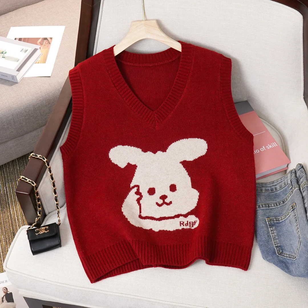 2025秋冬新款兔子提花毛衣针织衫女宽松洋气甜美风马甲上衣外穿潮
