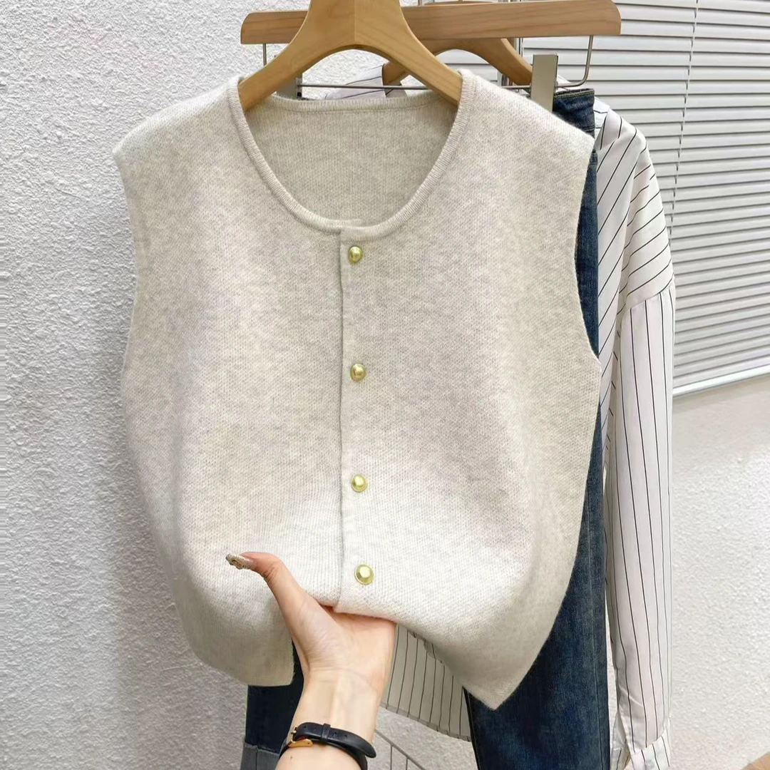 圆领开衫马甲女简约短款针织衫上衣外套2025年秋冬新款无袖宽松