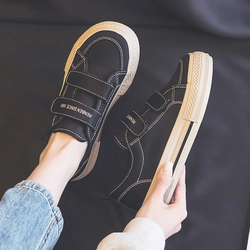 人本魔术贴帆布鞋女2025秋季新款ins百搭休闲板鞋懒人鞋显瘦女鞋