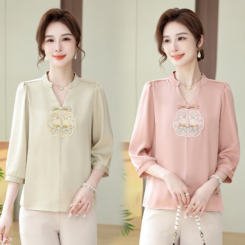 母亲节妈妈夏装中袖T恤上衣中老年女装夏季洋气新中式V领气质小衫