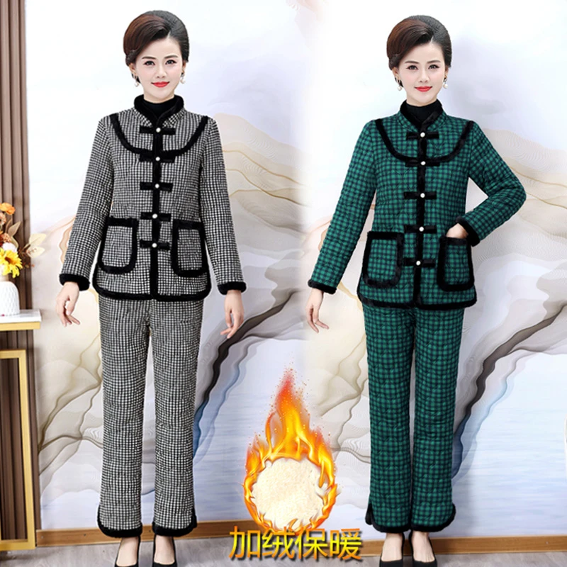 妈妈冬装加绒加厚棉衣棉裤套装女士洋气复古盘扣民族风棉袄两件套