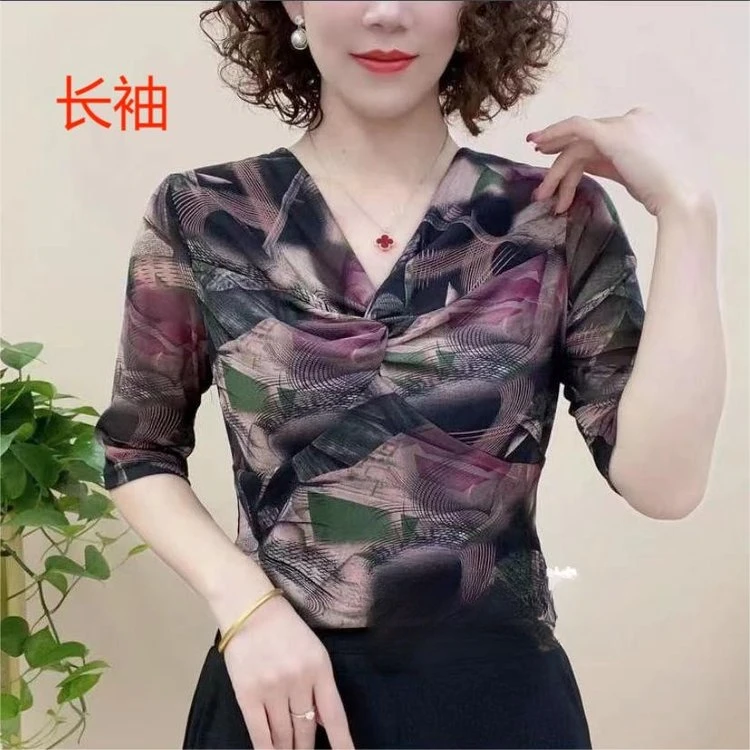 【正品现货】时尚洋气显瘦百搭女士夏季修身扭结V领遮肚气质妈妈装