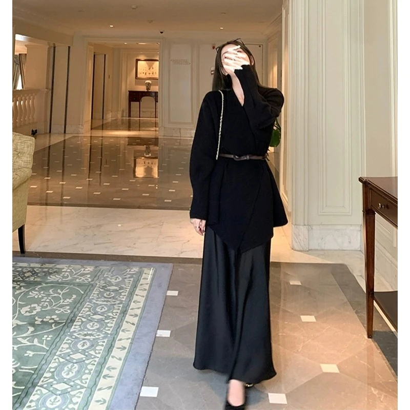 2025春季新款女法式气质翻领收腰针织毛衣外套高腰鱼尾半身裙套装