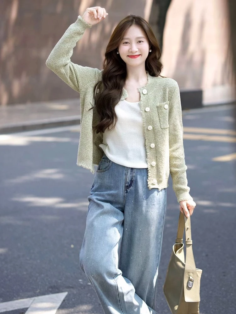 2025夏季法式气质搭配一整套茶系穿搭绿色针织开衫牛仔裤两件套装
