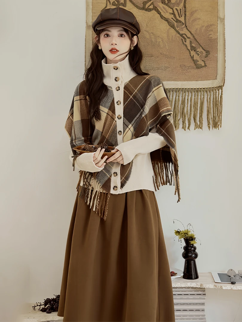 法式复古假两件格子披肩拼接针织上衣搭厚半裙秋装女款2025年新款