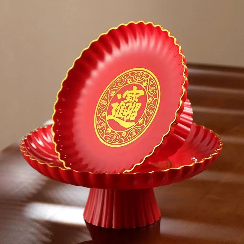 金边果盘红色果盘花边供果盘塑料招财水果盘中秋糖塔盘供奉
