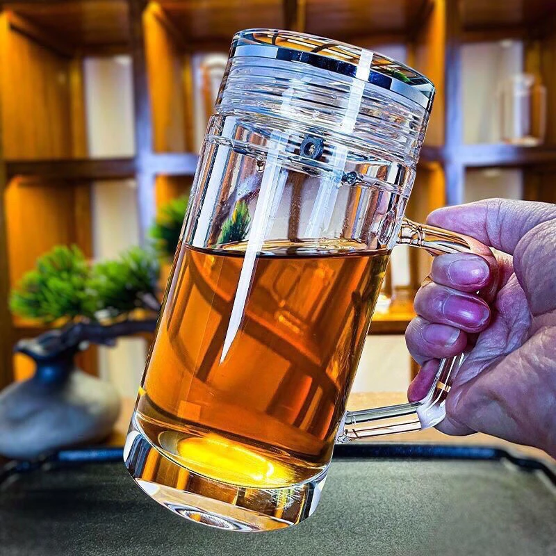 天然原矿原石把手茶杯水晶玻璃杯子加厚耐热防烫易清洗办公400ml