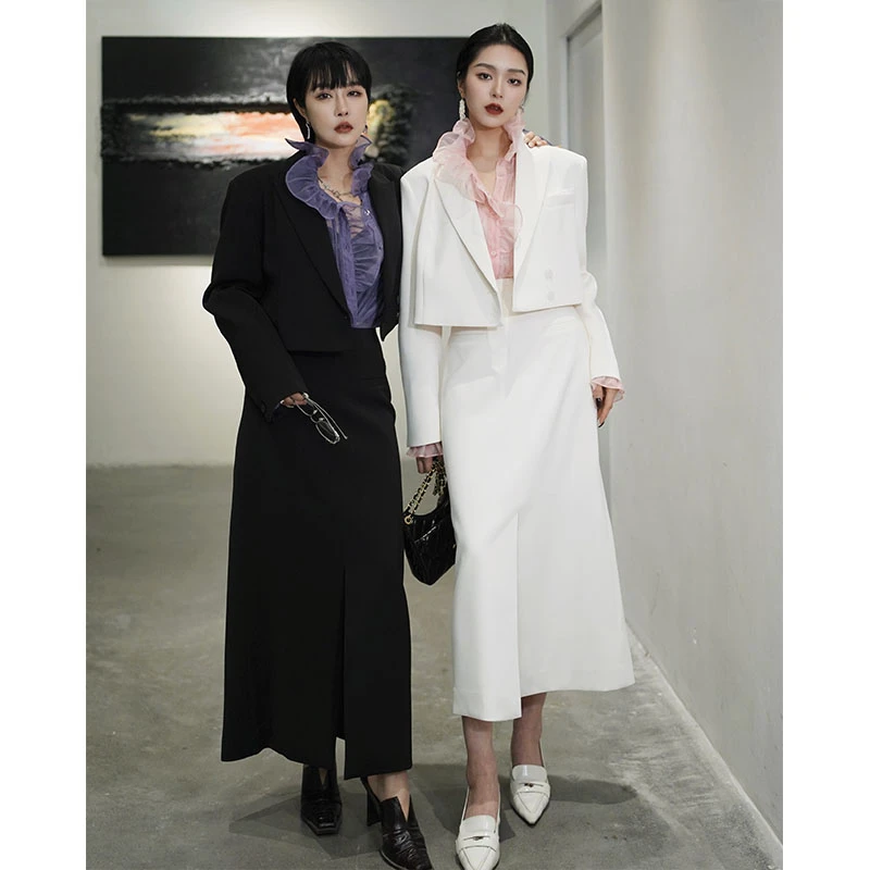 冷萃高定款简约利落垫肩设计质感西服开衩裙套装WS0146