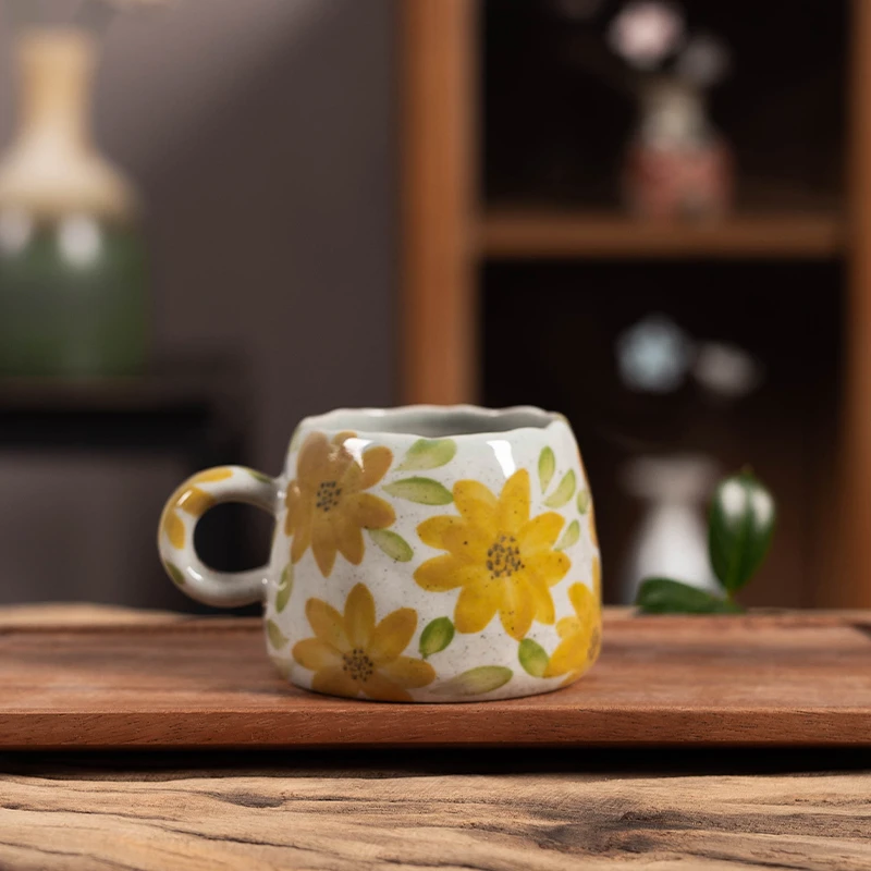 瓷木景德镇手绘咖啡杯釉下彩粗陶向日葵马克杯复古早餐杯牛奶杯