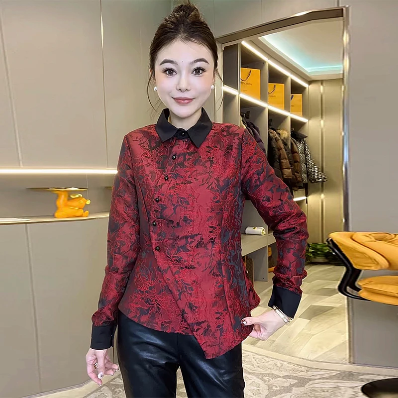 新款复古提花新中式拼接收腰衬衫女气质国风设计感方领长袖衬衣