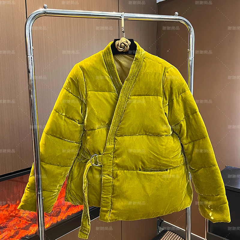 彩色丝绒加厚棉服女2024秋冬系带民族风纯色V领和服棉袄保暖外套