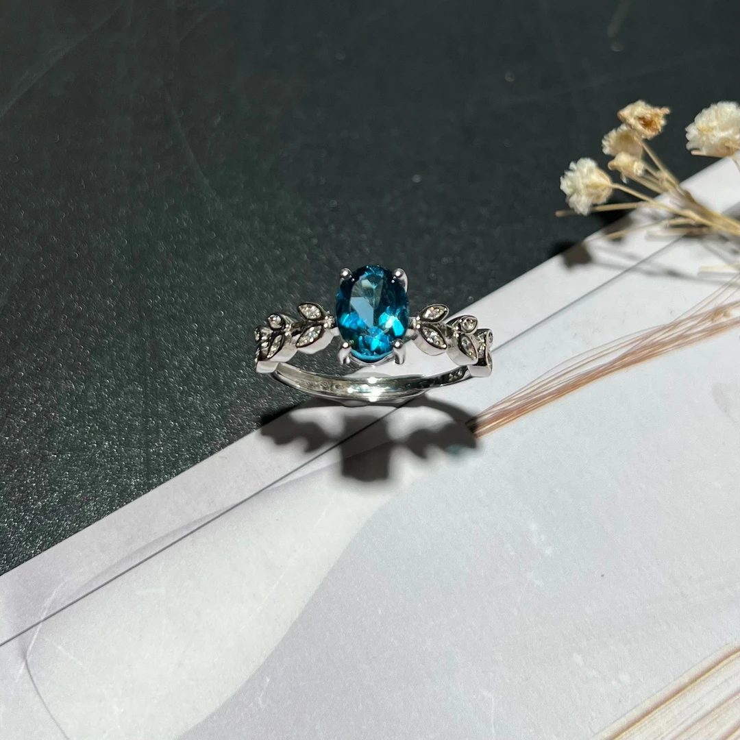 S925银镶嵌天然托帕石戒指女伦敦蓝色宝石轻奢时尚活口带证书