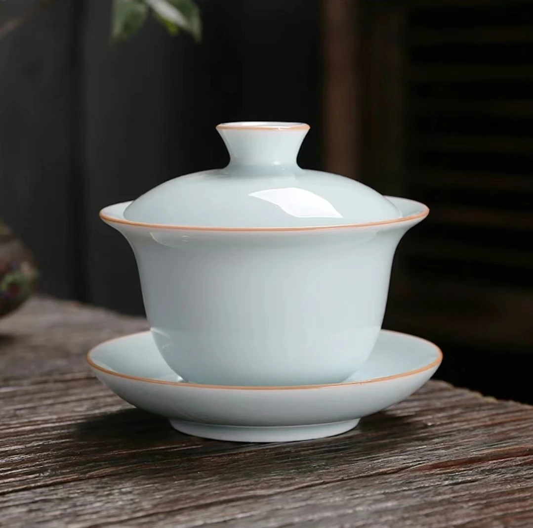 梅子青色陶瓷三才盖碗家用简约泡茶碗功夫茶具口沿紫金边茶道器具