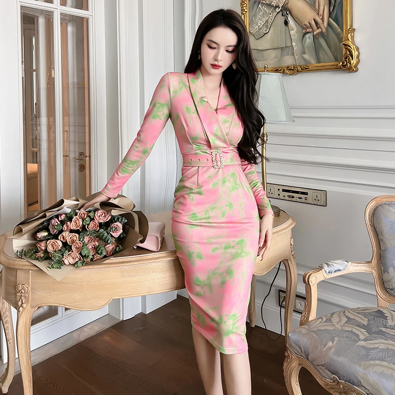 气质修身名媛性感时尚包臀裙女装长袖收腰裙子紧身连衣裙20186