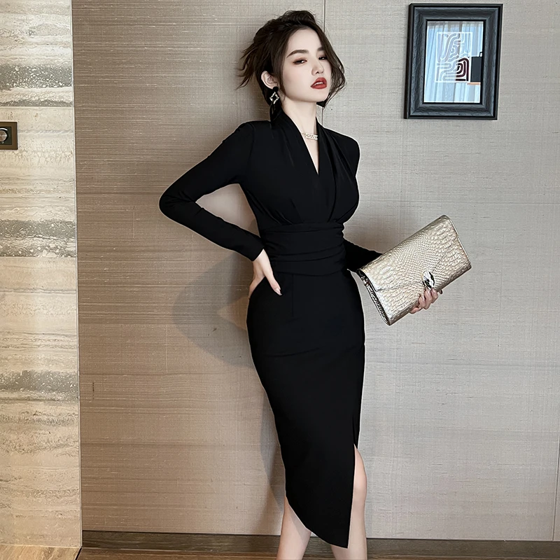 ZRY高档气质连衣裙名媛性感修身黑色显瘦开叉礼服女装高端6051