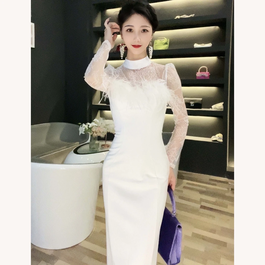 修身收腰性感连衣裙气质复古显瘦蕾丝名媛长袖法式20708