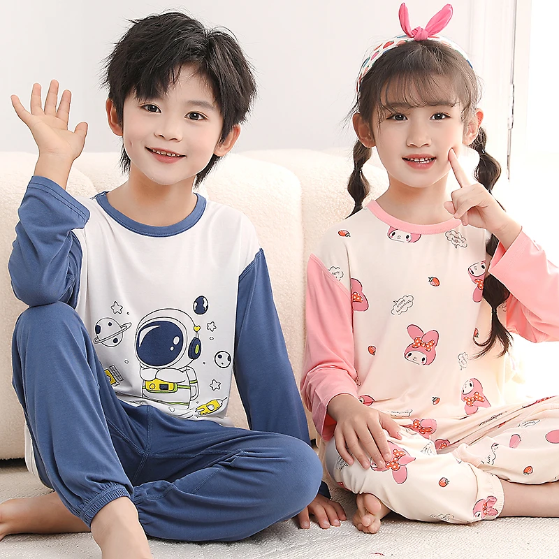 儿童莫代尔长袖长裤套装男童睡衣女童家居服薄款卡通空调服大童
