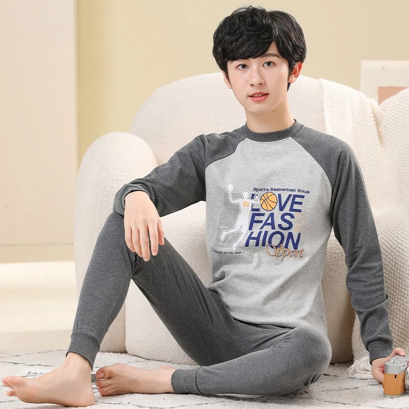100%纯棉内衣套装男中大童秋衣秋裤初中学生秋冬棉毛衫青少年睡衣