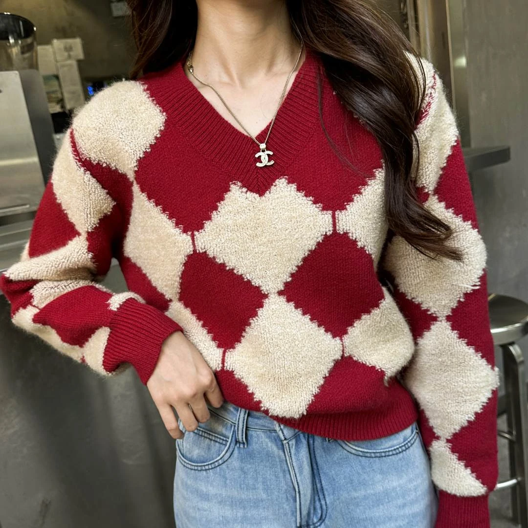 6777复古V领网红衫春秋毛衣显瘦时尚气质减龄慵懒秋冬上衣