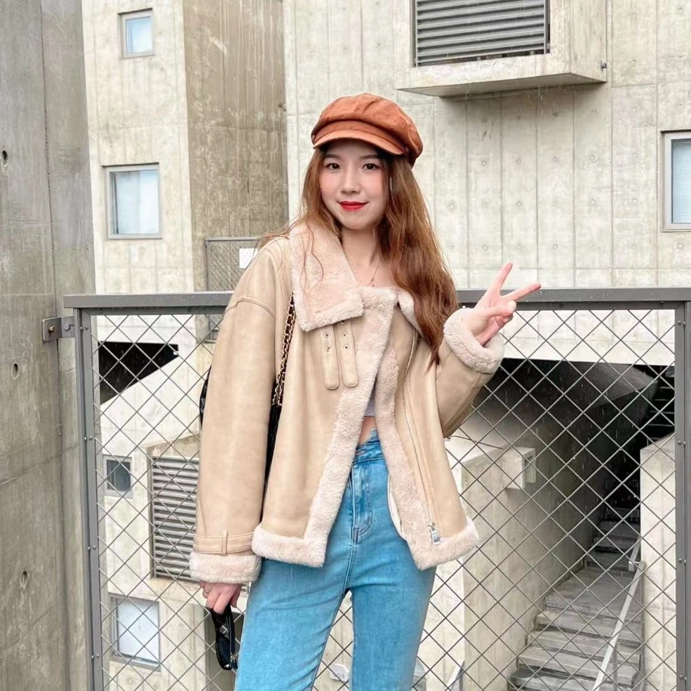 海宁2311羊毛外套女保暖显瘦颗粒羊剪绒大衣百搭短款
