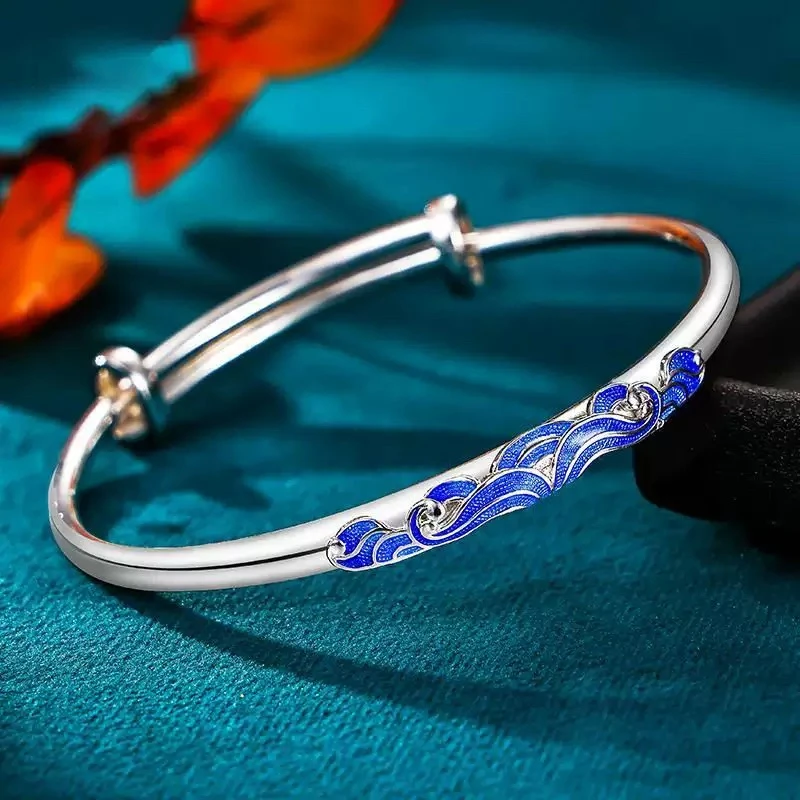 足银银制品 足银9999复古风平安祥云珐琅推拉口手镯【A46】