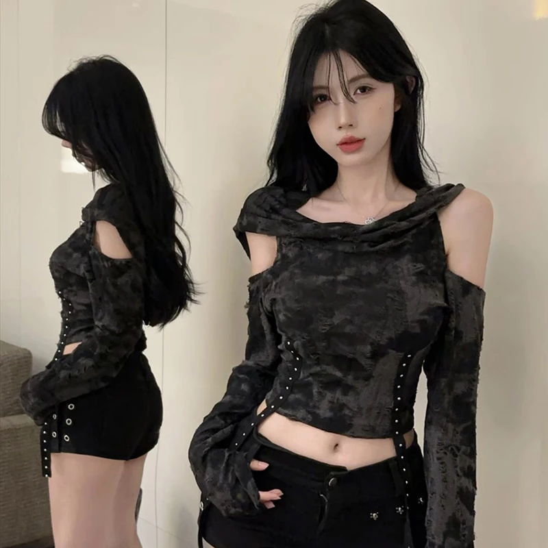 沙丘废土风辣妹连帽t恤女早秋露肩长袖小众设计感y2k破洞短款上衣