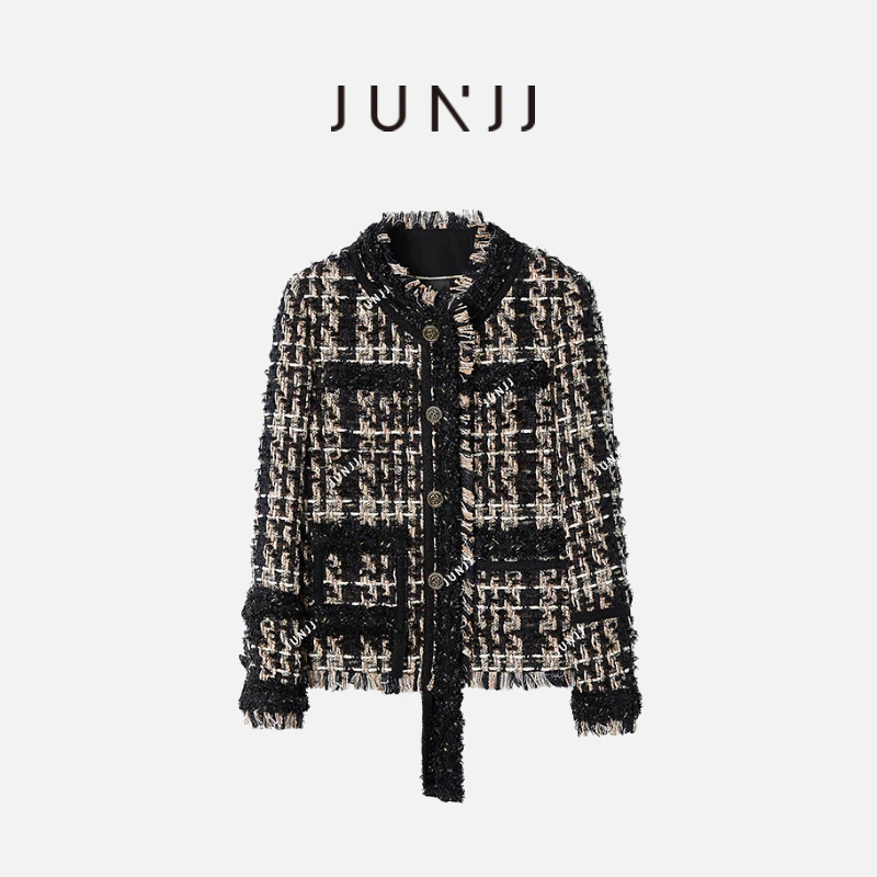 【黑金流苏】24年羊毛重工对称编织复古流苏春秋季粗花呢小香风外套