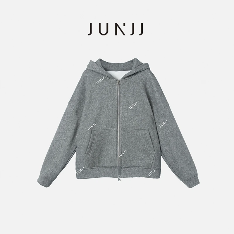 JUNJJ【美式卫衣】24秋连帽灰色开衫拉链卫衣女外套oversize宽松