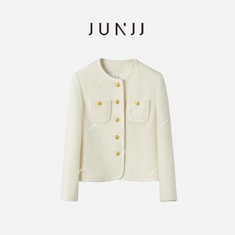 JUNJJ【海上浪花】2024秋季女士小香风极简气质时尚感百搭圆领外套
