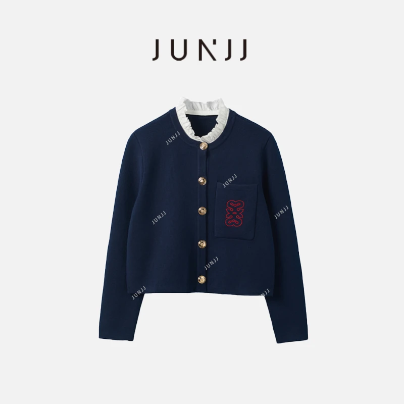 JUNJJ【景泰雅然】2024圆领领长袖蓝色休闲时尚设计针织气质女装