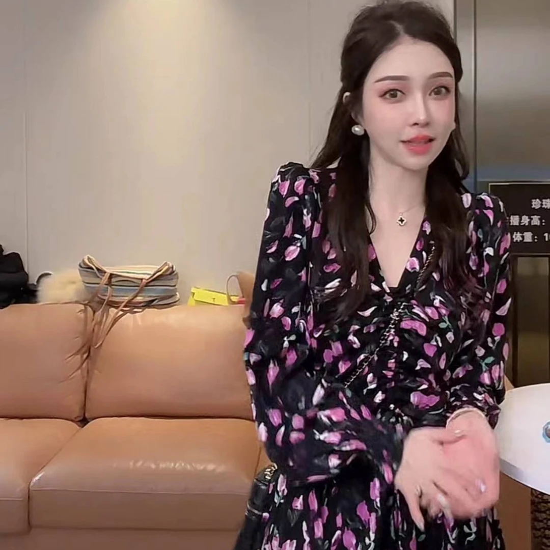 C6 紫郁金香~碎花褶皱连衣裙 B27009   春天仙女裙气质时尚网红