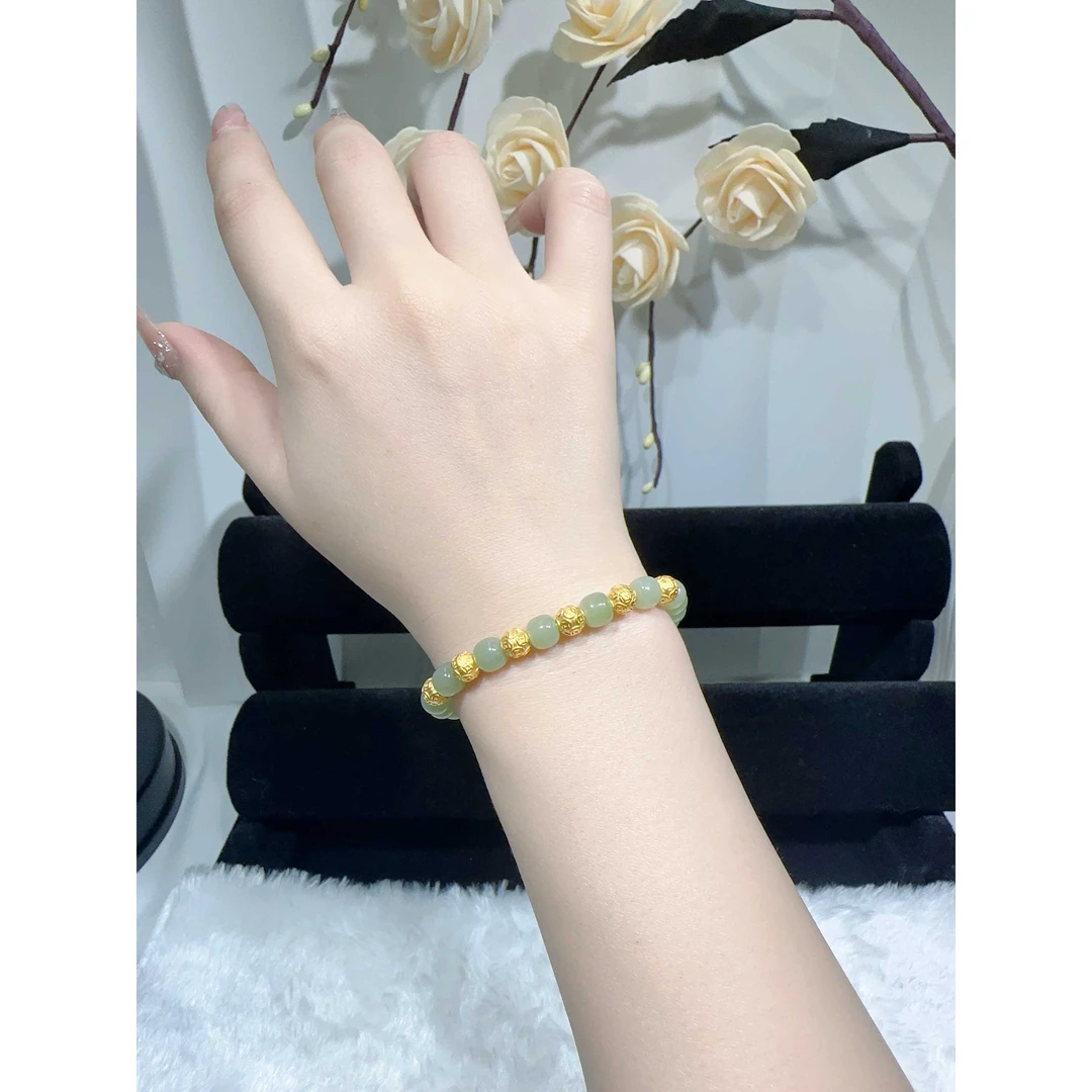 足金999 金钱球6颗天然和田玉时尚轻奢百搭手链六六大顺女士款