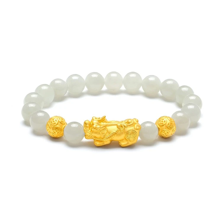 999足金3D黄金貔貅手链女款和田玉皮丘转运珠时尚貔恘和田玉手串