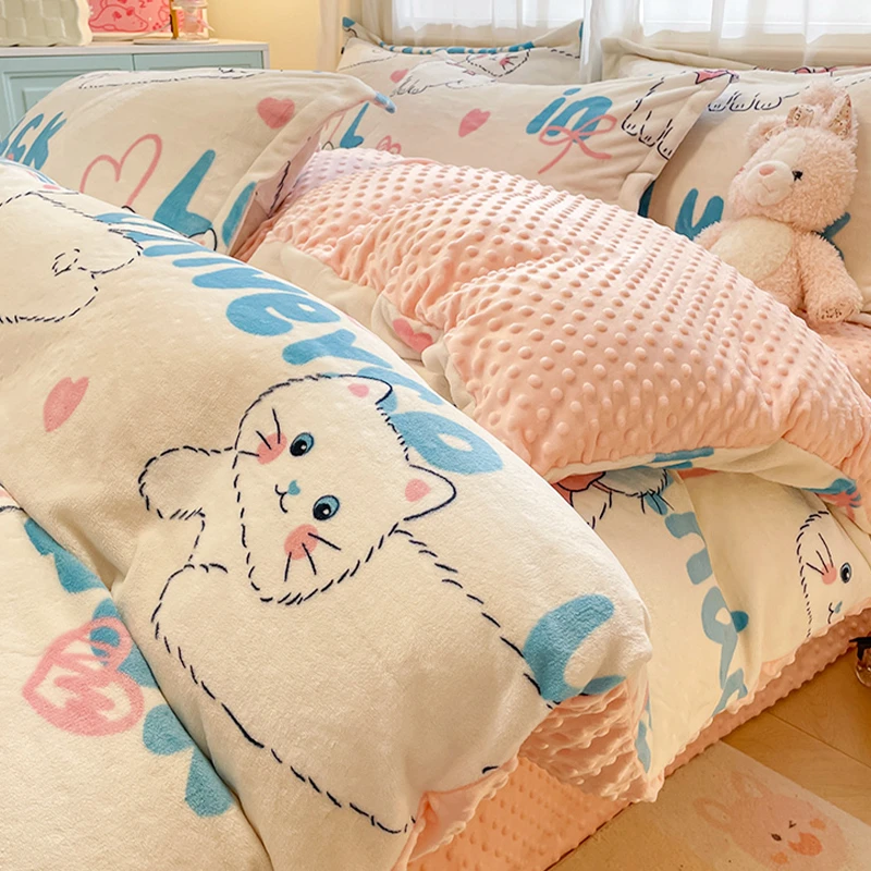 豆豆绒四件套冬季双面牛奶绒被套加绒加厚珊瑚绒法兰绒床单三件套