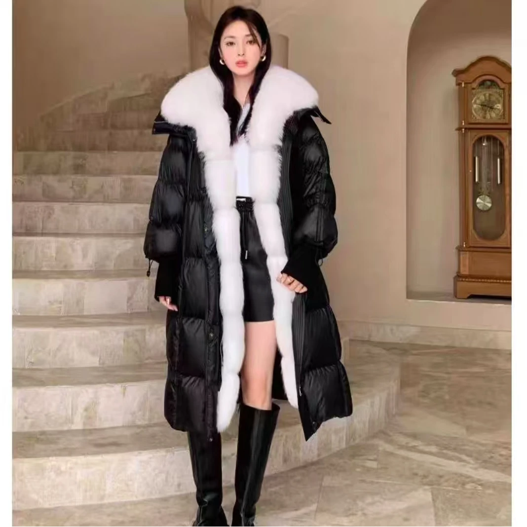 新款狐狸毛大毛领过膝黑金鹅绒服