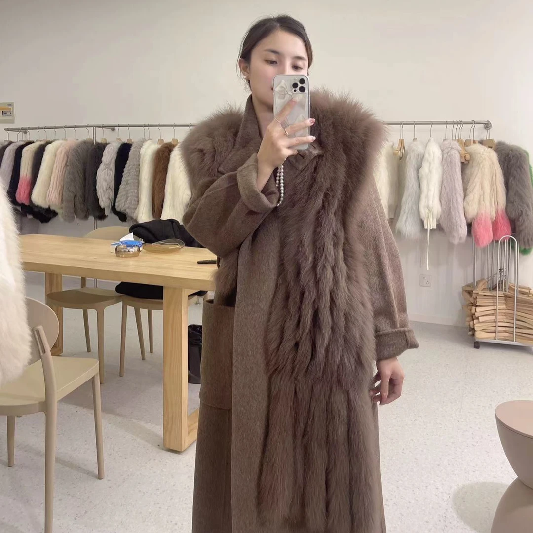 澳毛双面尼拼接狐狸毛披肩洋气长款大衣呢子秋冬女