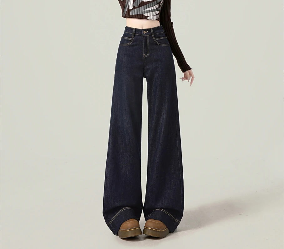 C-34宽松阔腿牛仔裤女新款弹力微喇拖地显瘦