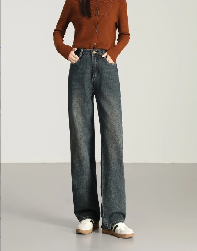 C-32新品高腰牛仔裤女垂感拖地直筒裤显瘦阔腿裤