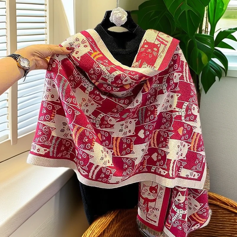围巾女冬季保暖双面加厚印花仿羊绒披肩韩系学生猫咪护颈时尚围脖