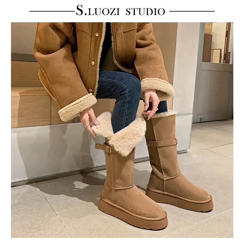 诗罗姿厚底加厚加绒雪地靴女2024冬季保暖高筒靴时尚百搭中筒短靴