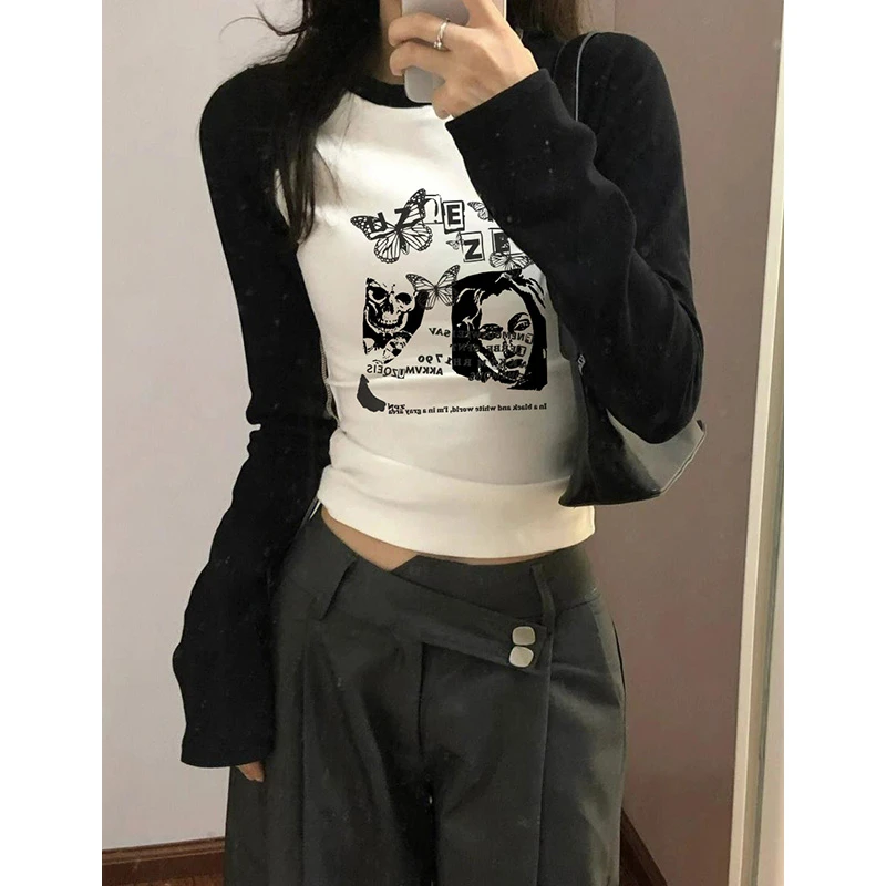 辣妹插肩短款长袖女装秋季新款撞色内搭显瘦紧身打底T恤上衣ins潮