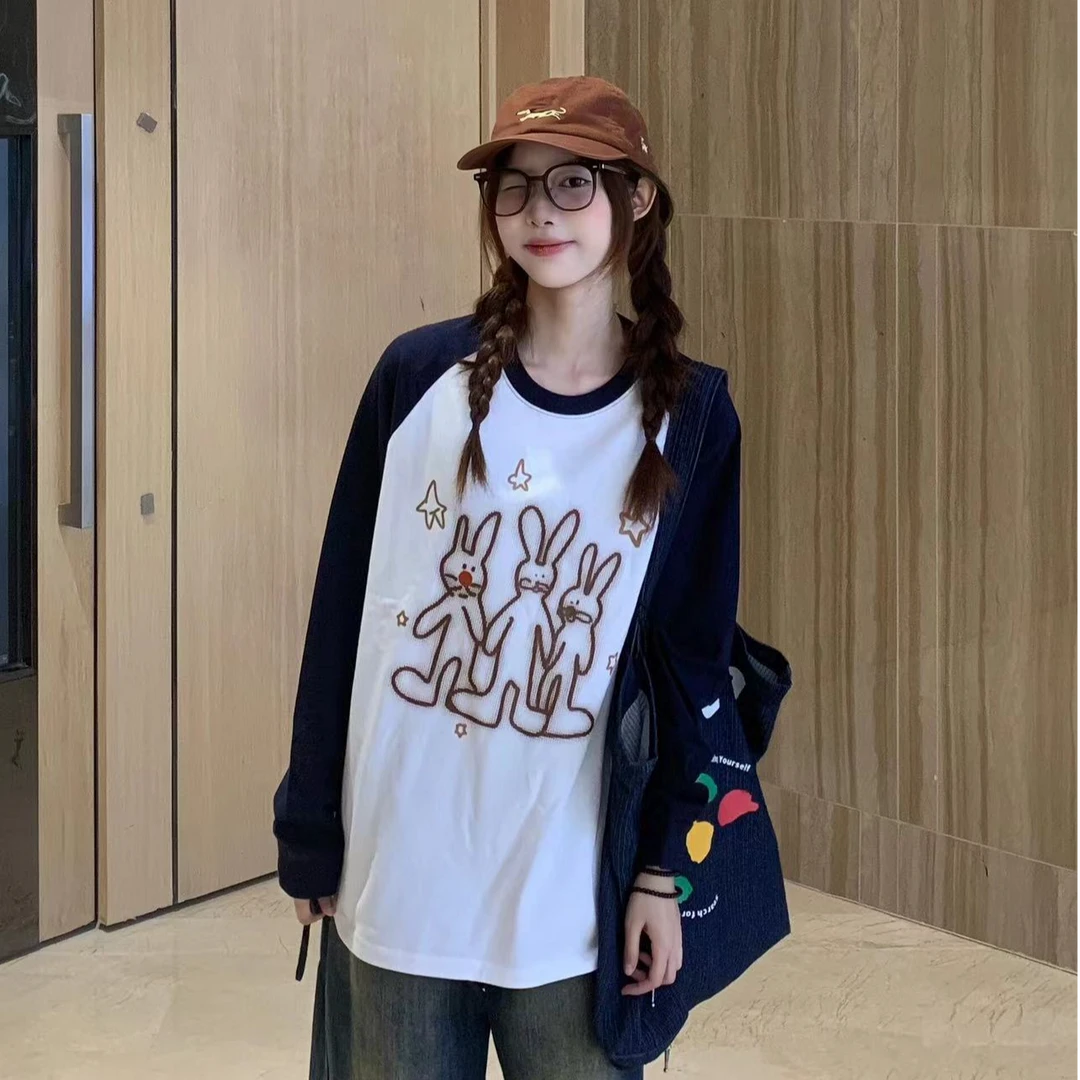 美式复古可爱兔子拼色插肩大码长袖T恤女早秋2024新款打底衫上衣