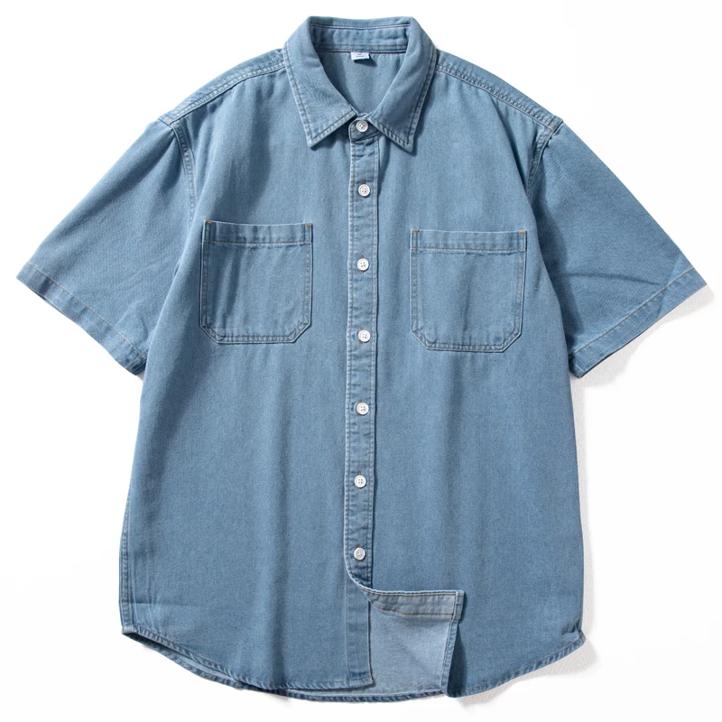 牛仔短袖衬衫男士夏季潮流痞帅复古半袖青春潮牌宽松工装翻领上衣