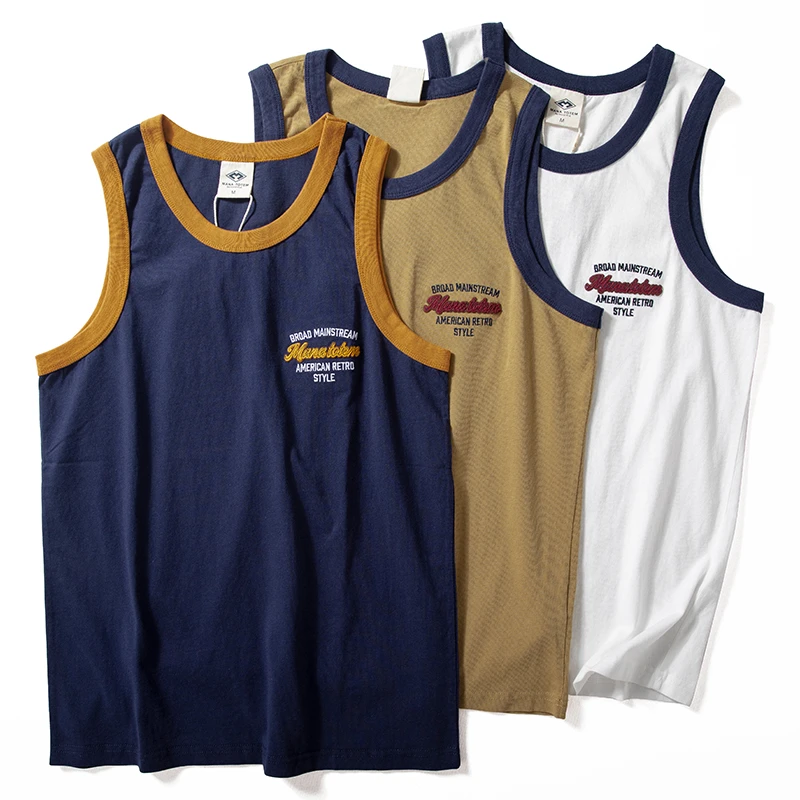 背心男士夏季纯棉透气健身运动坎肩美式复古阿美咔叽休闲无袖T恤