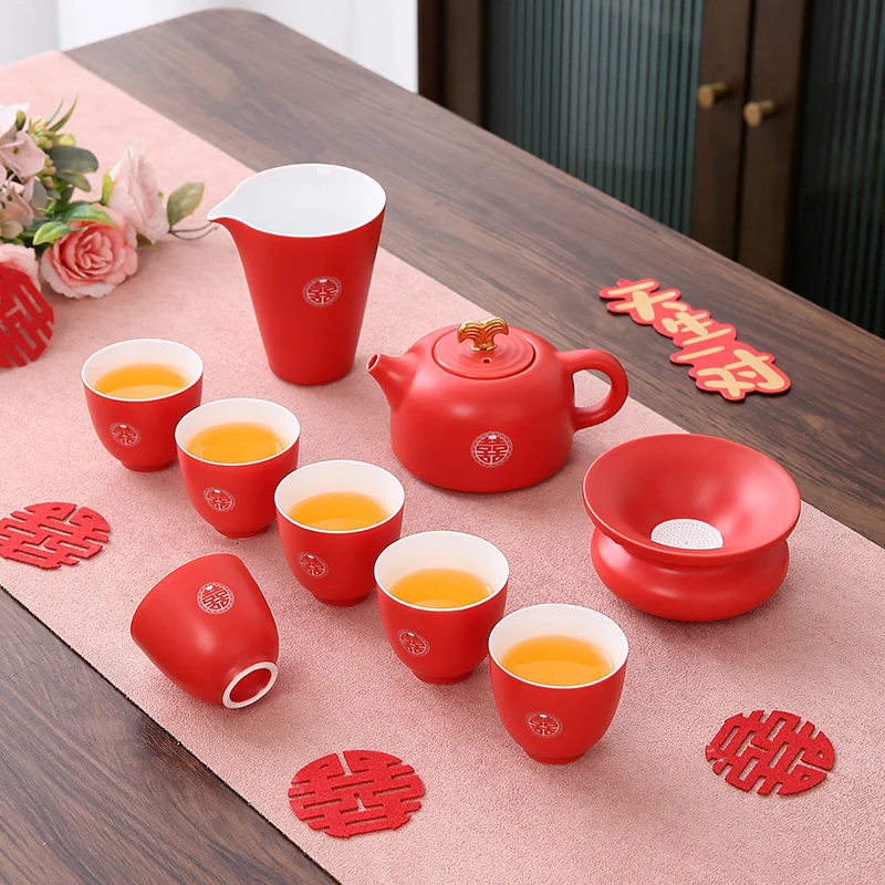 结婚浪漫婚礼手工红色茶具敬茶杯中式订婚新娘实用改口敬茶碗套装