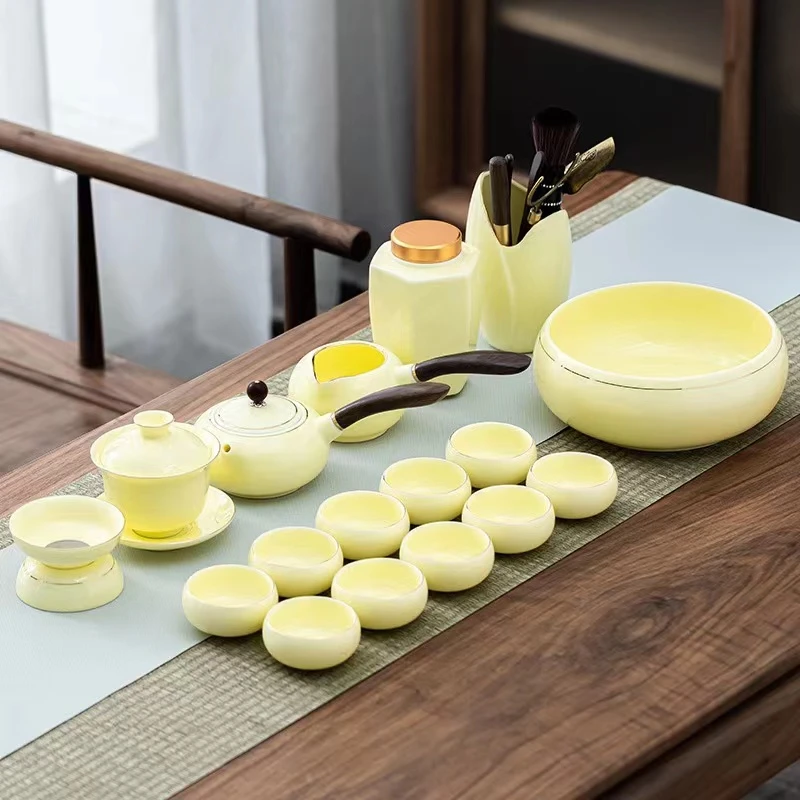 羊脂玉宝石黄茶具套装陶瓷茶壶茶杯描金简约中式家用盖碗茶具全套