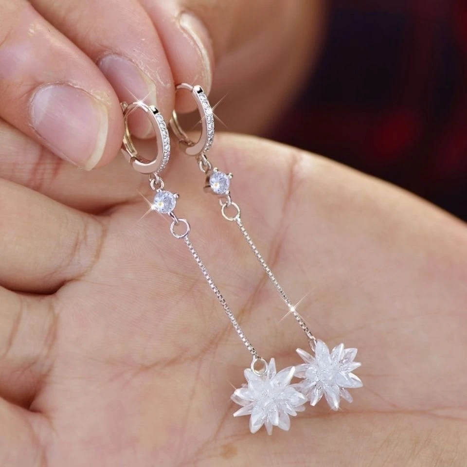 925银耳饰 s925纯银冰花耳环女网红爆款长款流苏耳坠耳圈显瘦耳饰