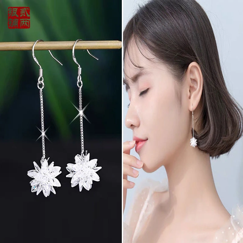 925银耳饰 925纯银冰花耳环女2025爆款长款流苏气质时尚圆脸耳饰