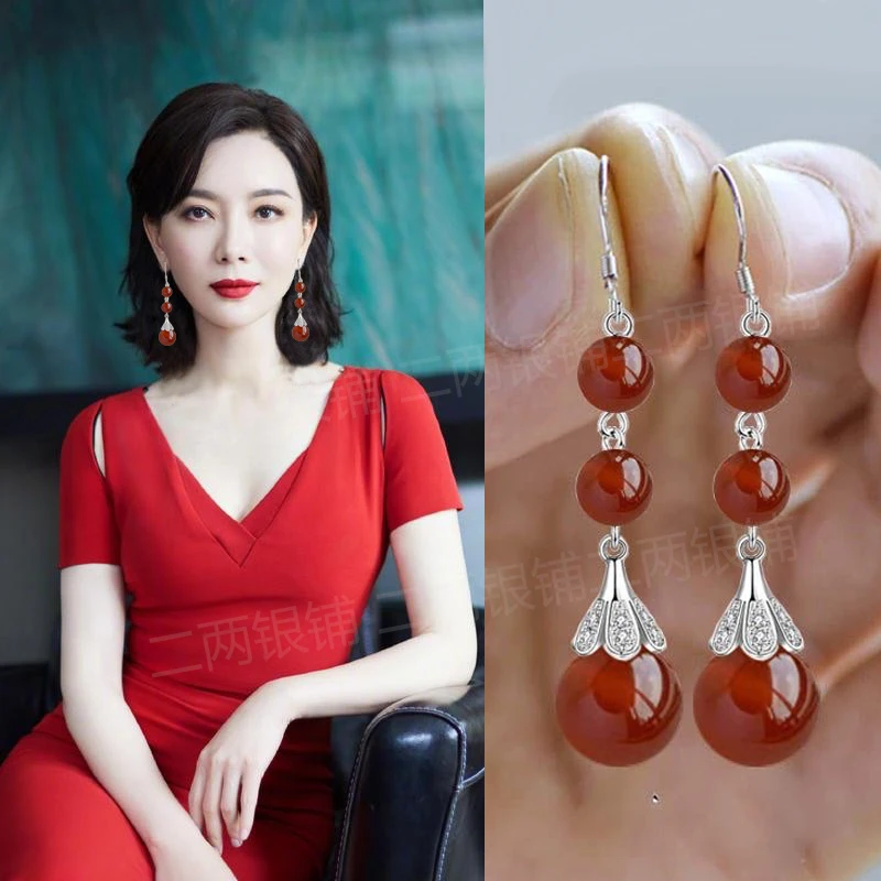 爆款s925纯银长款玛瑙耳环女2025年新款网红火爆款高级感气质耳坠