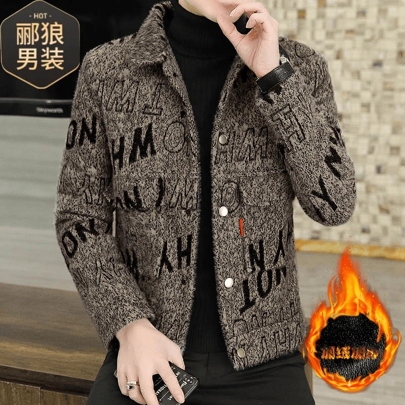 冬季水貂绒夹克男加绒加厚翻领韩版潮流休闲短款风衣冬装毛呢外套